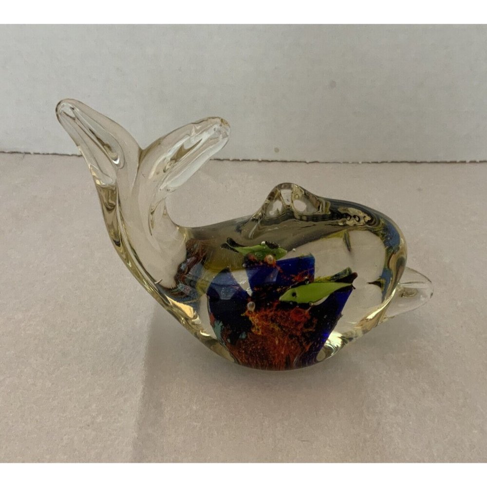 Art Glass Whale paperweight with underwater scene and fish